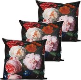 Anna's collection coussin d'extérieur fleur - 3x - rose/noir - 60 x 60 cm - Résistant à Water et aux UV