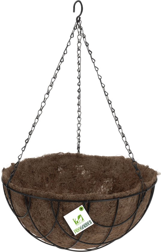 Panier suspendu / jardinière en métal noir avec chaîne 30 cm y compris incrustation de noix de coco - Fleurs suspendues