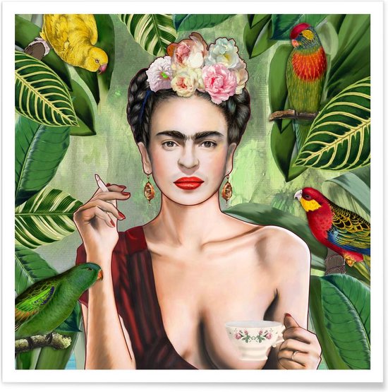 JUNIQE - Poster Frida Con Amigos -70x70 /Groen & Rood