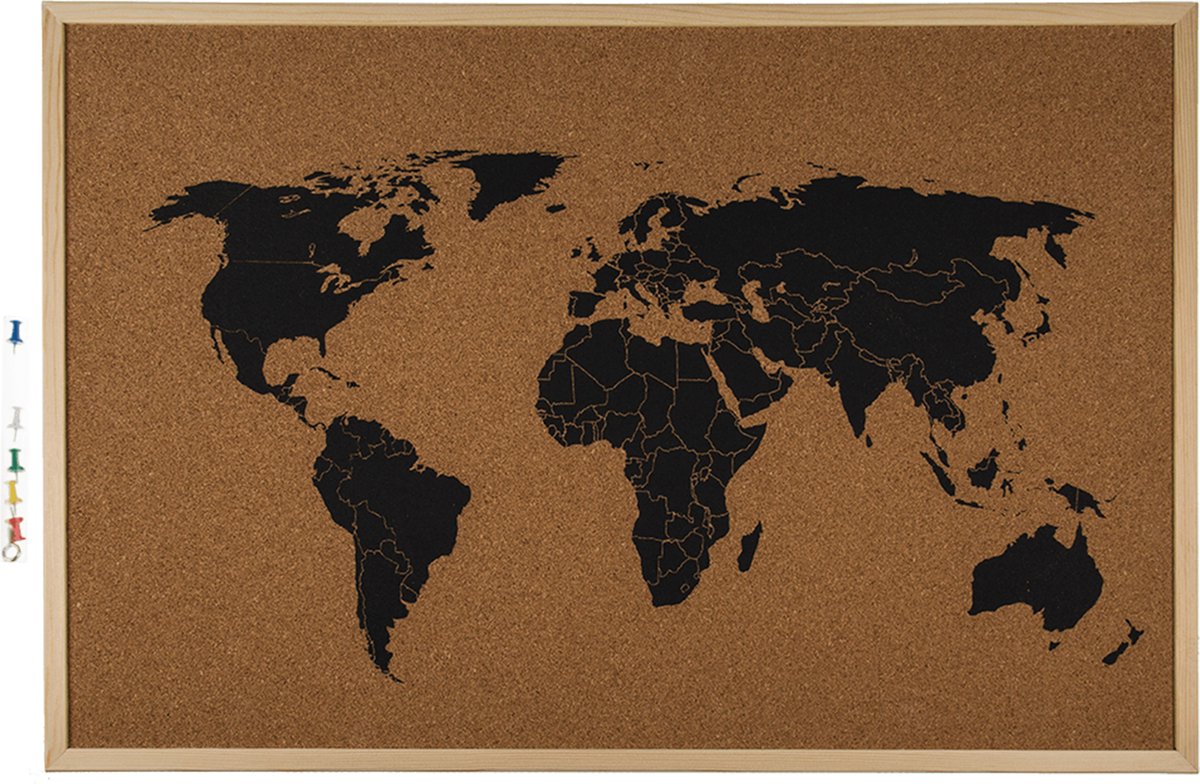 Gadget cadeau - Prikbord met wereldkaart 40 x 60 cm - Reis wensen of belevenissen memos zetten - Merkloos