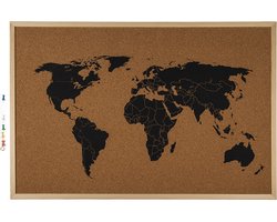 Prikbord - wereldkaart - 40 x 60 cm - kurk met houten omlijsting - reis prikborden - Reis wensen of belevenissen memos zetten