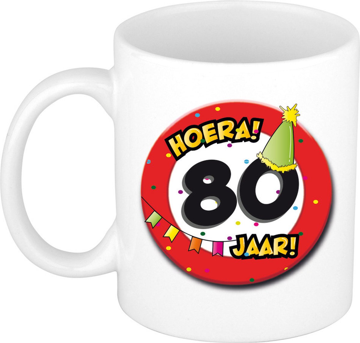 Bellatio Decorations Hoera 80 jaar mok verkeersbord - keramiek 300 ml