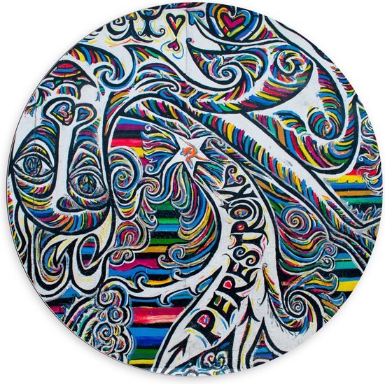 Dibond Muurcirkel - Patroon met Geometrische Figuren in Verschillende Felle Kleuren - 100x100 cm Foto op Aluminium Muurcirkel (met ophangsysteem)