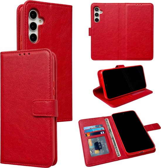 Collage d'étuis de téléphone rouges : fermé, ouvert avec téléphone, appareil photo et ouvert avec cartes.