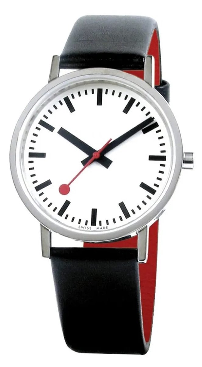 Mondaine A660.30314.16OM Classic Pure Unisex Horloge - M660.30314.16OM - Stationsklok - Mineraalglas - Roestvrijstaal/Leer - Zilver/Zwart - Ø 36 mm