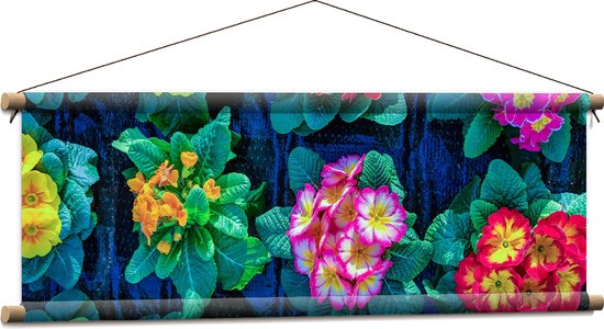Textielposter - Patroon van Gele en Roze Bloemboeketjes - 90x30 cm Foto op Textiel