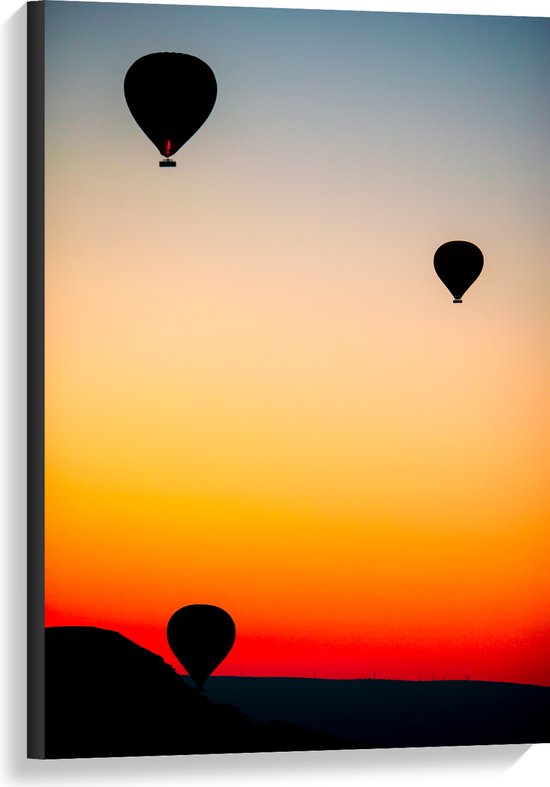 Canvas - Silhouet van Drie Luchtballonnen bij Feloranje Zonsondergang - 60x90 cm Foto op Canvas Schilderij (Wanddecoratie op Canvas)