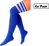 4x Paar Lange sokken kobalt blauw met witte strepen - maat 36-41 - kniekousen blauwe overknee kousen sportsokken cheerleader carnaval voetbal hockey unisex festival