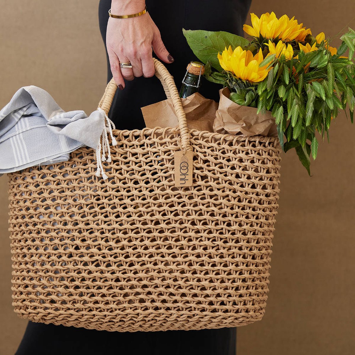 Lübech Living geweven shopping tassen - gerecycled papier - naturel - set van 2 verschillende - handgemaakt - ecologisch