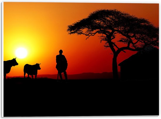 PVC Schuimplaat- Silhouet van Boer met zijn Koeien bij Huis - 40x30 cm Foto op PVC Schuimplaat