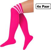 4x Paar Lange sokken fluor roze met witte strepen - maat 36-41 - kniekousen overknee kousen sportsokken cheerleader carnaval voetbal hockey unisex festival
