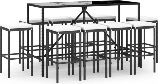 vidaXL Ensemble de bar de jardin - Rotin PE - Tabourets de bar noirs - 180x70x110 cm - Plateau de table en verre trempé - Incl - Coussins - Ensemble de jardin