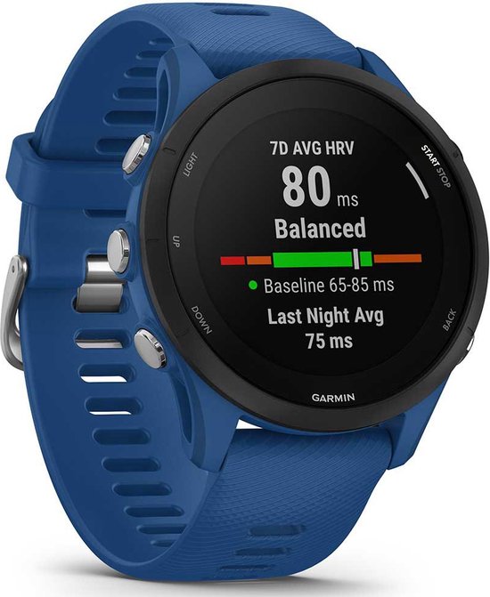 Blauw Garmin Forerunner 255 sporthorloge met hartslagvariabiliteit '80 ms Balanced' op het scherm.
