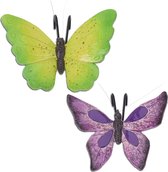 Tuindecoratie bloempothanger vlinder - set 2x - paars/groen - kunststeen - 13 x 10 cm