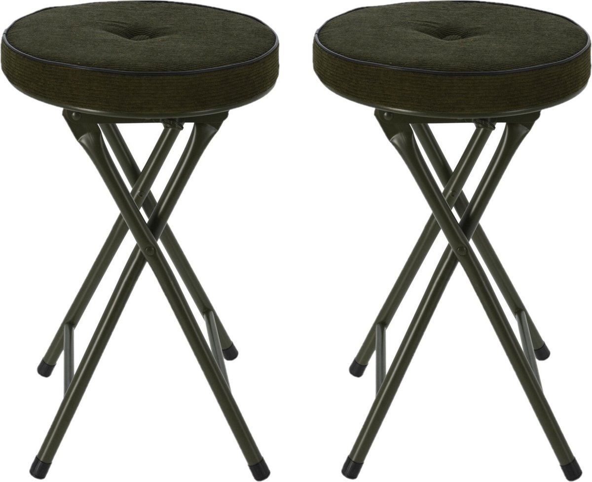 Home & Styling Bijzet krukje/stoel - 2x - Opvouwbaar - Donkergroen - Ribcord - D33 x H49 cm