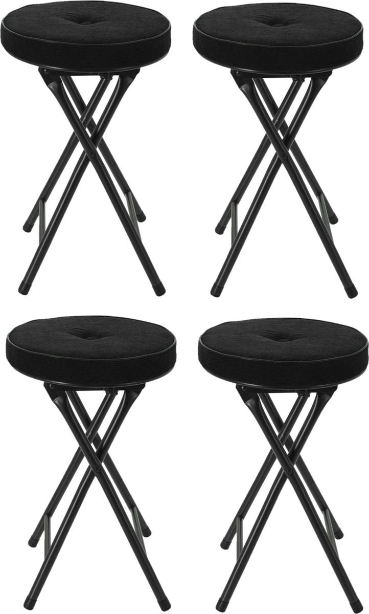 Home & Styling Bijzet krukje/stoel - 4x - Opvouwbaar - Zwart - Ribcord - D33 x H49 cm