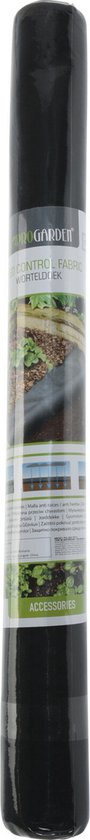 Toile anti-mauvaises herbes noire, enroulée dans un emballage plastique avec impression verte et blanche.