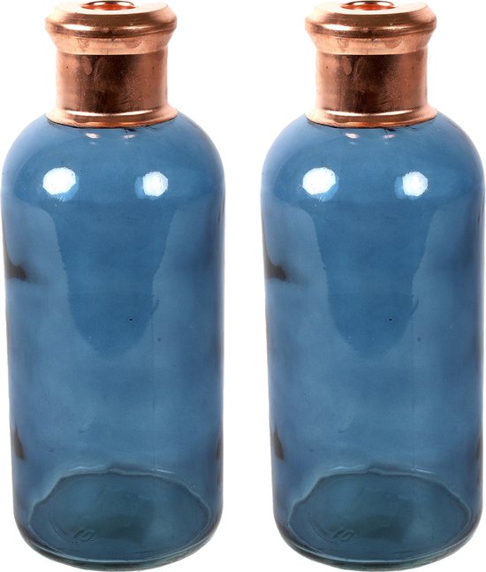 Countryfield Bloemenvaas Firm Bottle - 2x - transparant blauw/koper - glas - D11 x H27 cm