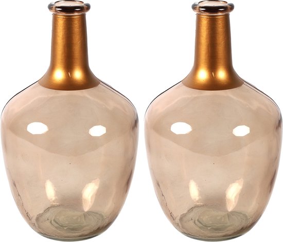 Countryfield Bloemenvaas Firm Big Bottle - 2x - beige transparant/koper - glas - D15 x H25 cm