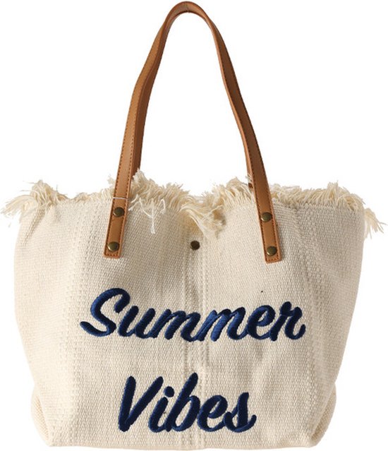 Sac de plage blanc en toile avec anses en cuir marron, bord effiloché et 'Summer Vibes' en lettres bleues.