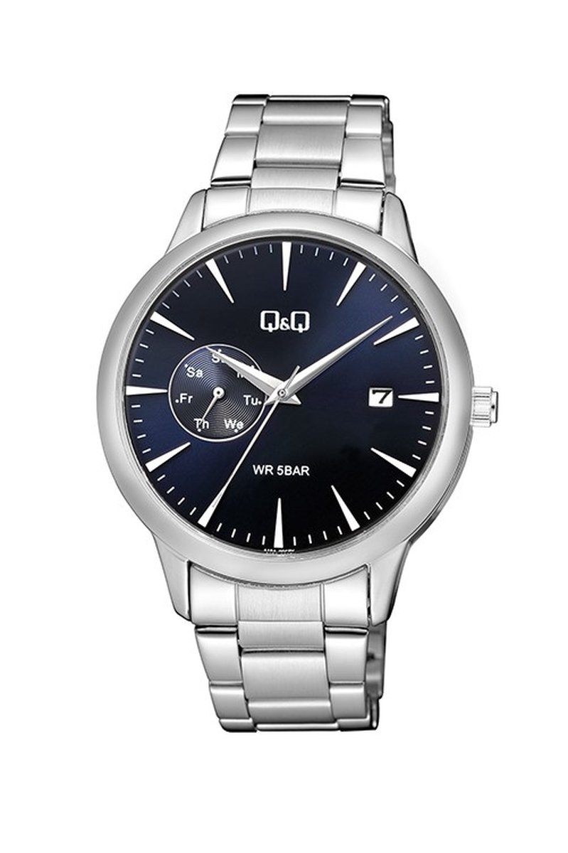 QQ A12A-008PY - Horloge - Heren - Mannen - Stalen band - Rond - Metaal - Datumaanduiding - Streepjes - Zilverkleurig - Donkerblauw - 5 ATM