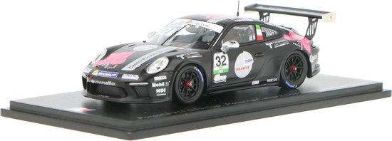 Zwarte Porsche 911 GT3 Cup modelauto, nummer 32, met roze bloemmotieven. Op een display.