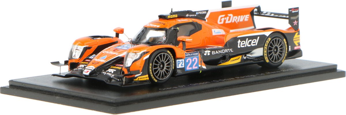 De 1:43 Diecast modelauto van de Oreca 07-Gibson G-Drive Racing #22 van de 24H LeMans in 2017.De coureurs waren M. Rojas / R. Hirakawa en J. Gutierrez.De fabrikant van het schaalmodel is Spark.