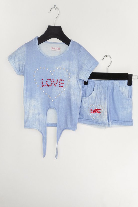 Licht blauw kledingsetje voor kinderen - parels - love - 4 jaar/ 102 cm