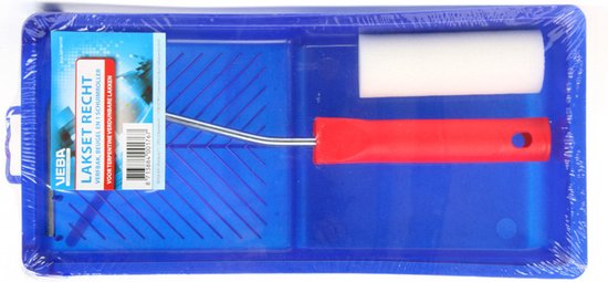 Blauwe verfbak met rode lakroller en witte schuimroller.
