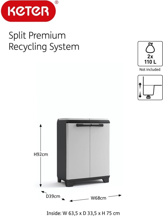 Keter Split Premium Buitenprullenbak - 68x39x92cm - Zwart/Grijs