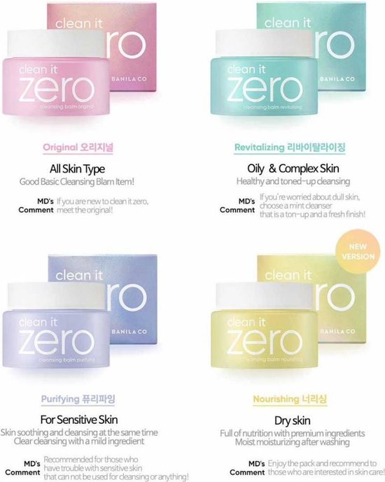Vier potjes Banila Co Clean It Zero Cleansing Balm in Original, Revitalizing, Purifying en Nourishing. De potjes zijn lichtroze, mintgroen, lavendel en geel.