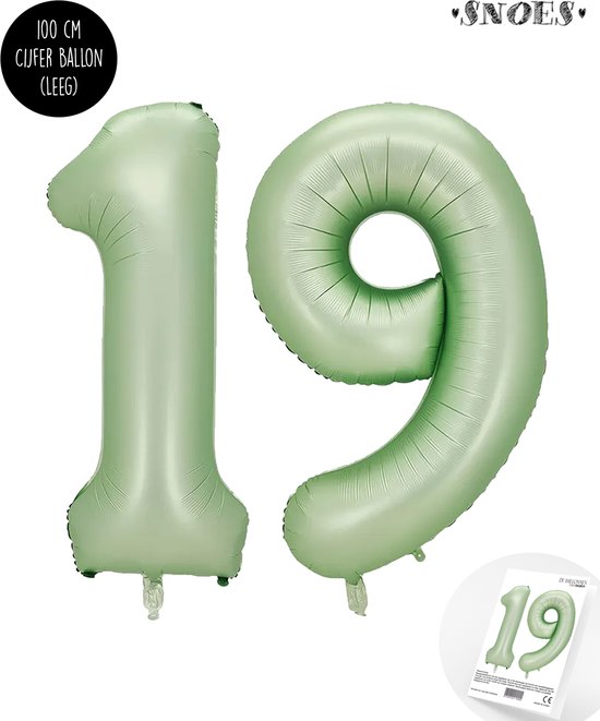 Cijfer Helium Folie Ballon XXL - 19 jaar cijfer - Olive - Groen - Satijn - Nude - 100 cm - leeftijd 19 jaar feestartikelen verjaardag