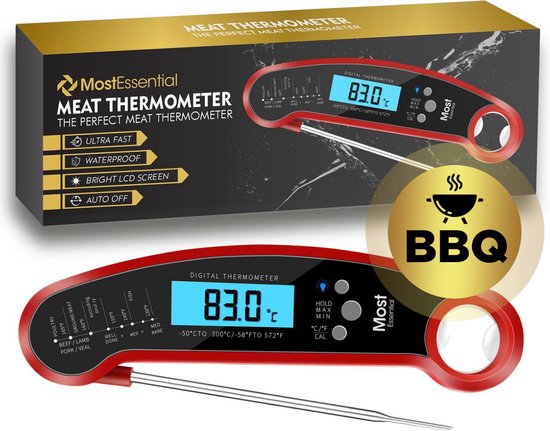 MostEssential Premium BBQ Thermometer - Vleesthermometer - Kernthermometer - Suikerthermometer - Voedselthermometer - Thermometer Koken - Keuken Thermometer - Digitaal – Draadloos - Waterdicht - Rood