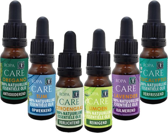 Set van zes RopaCare 100% natuurlijke etherische oliën: Oregano, Tijm, Citroengras, Limoen, Lavendel, Eucalyptus.