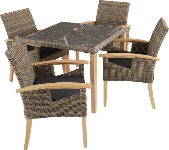 tectake - Table en osier Tarent avec 4 chaises Rosarno - nature