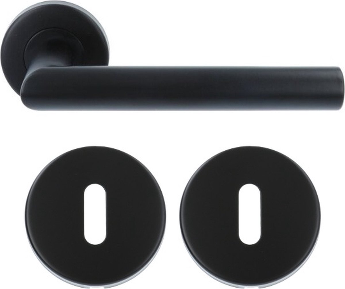 ODShop deurkruk Modern haaks op rond rozet mat zwart + sleutelplaatjes