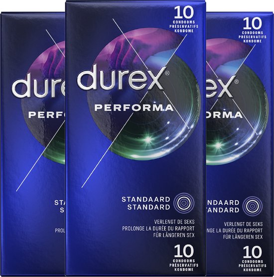 Drie pakken Durex Performa condooms met blauwe en paarse afbeelding, 10 stuks per pak.