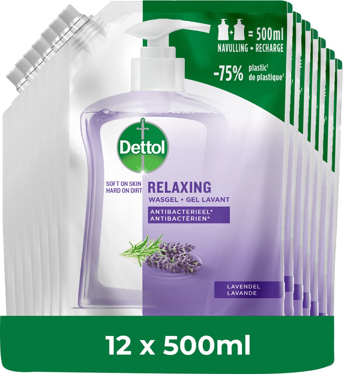 Goedkoopste Dettol - Handzeep - Antibacterieel - Navulling Relaxing Lavender - 12x 500ML - Voordeelverpakking