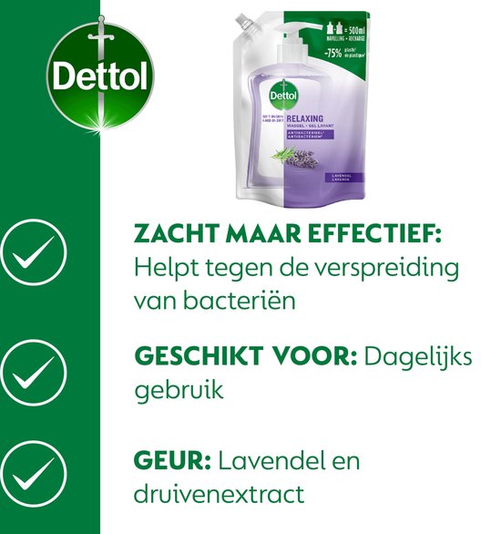 Dettol navulverpakking voor handzeep met lavendel en druivenextract. Zacht maar effectief, antibacterieel.