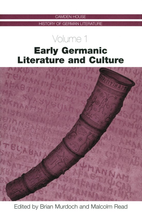 Boek "Early Germanic Literature and Culture", Volume 1, met een gedetailleerde afbeelding van een versierde hoorn op een achtergrond met runen.
