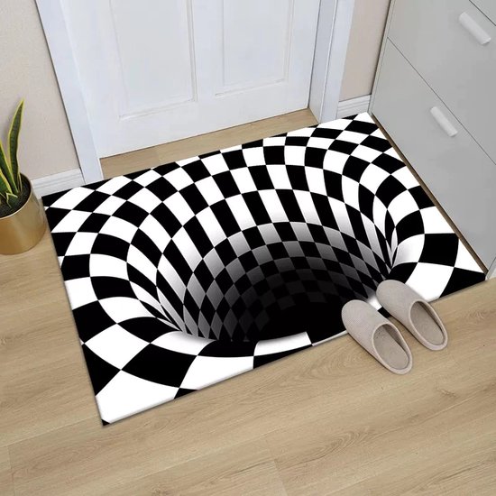 Optische illusie vloerkleed - WitZwart - optische 3D vloerkleed - deurmat - vertekend beeld