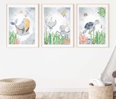 Posters kinderkamer - Oceaan Dieren - Set van 3 - Wanddecoratie Babykamer - Kraamcadeau - 21 x 29.7 Cm - Multicolor