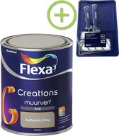 Flexa Creations - Muurverf Krijt - Authentic Grey - 1 liter + Flexa muurverf roller - 5 delig