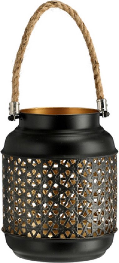 Cepewa Windlicht - kaarshouder - zwart met goudkleurig - 18 cm - lantaarn - metaal