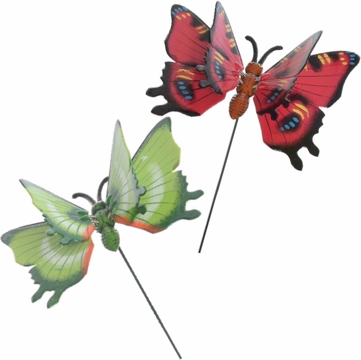 Deco vlinders - 2x - rood en groen - metaal - 11 x 70 cm - tuinstekers - Dieren decoratie tuin beeldjes/beelden