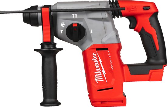 Milwaukee SDS+ combihamer, rood en grijs, met zwarte handgreep en rode accenten.