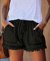Korte broek dames – Korte jeans – Spijkerstof - Franjes – Hippe short – Elastieke band – Groen - Blauw - Large maar valt groot XL