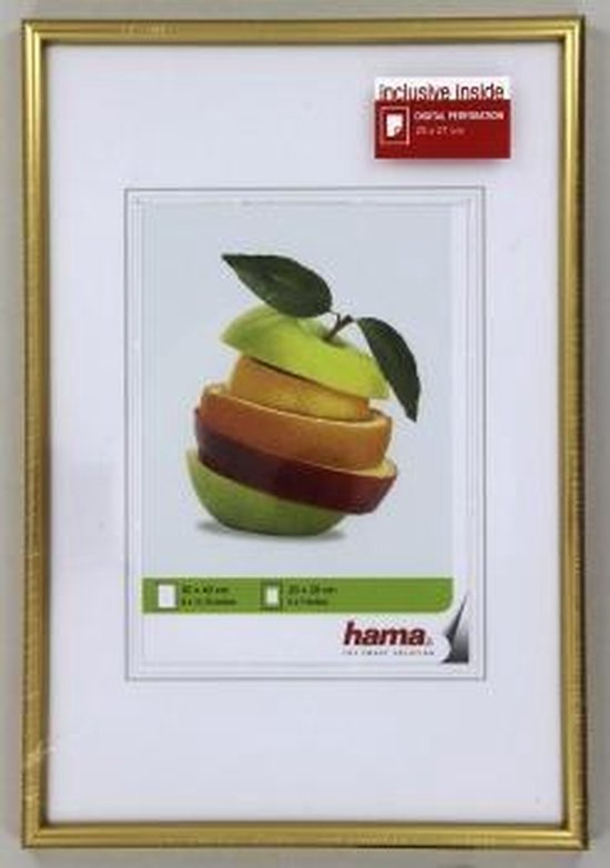 Gouden fotolijst met witte passe-partout en afbeelding van appels.