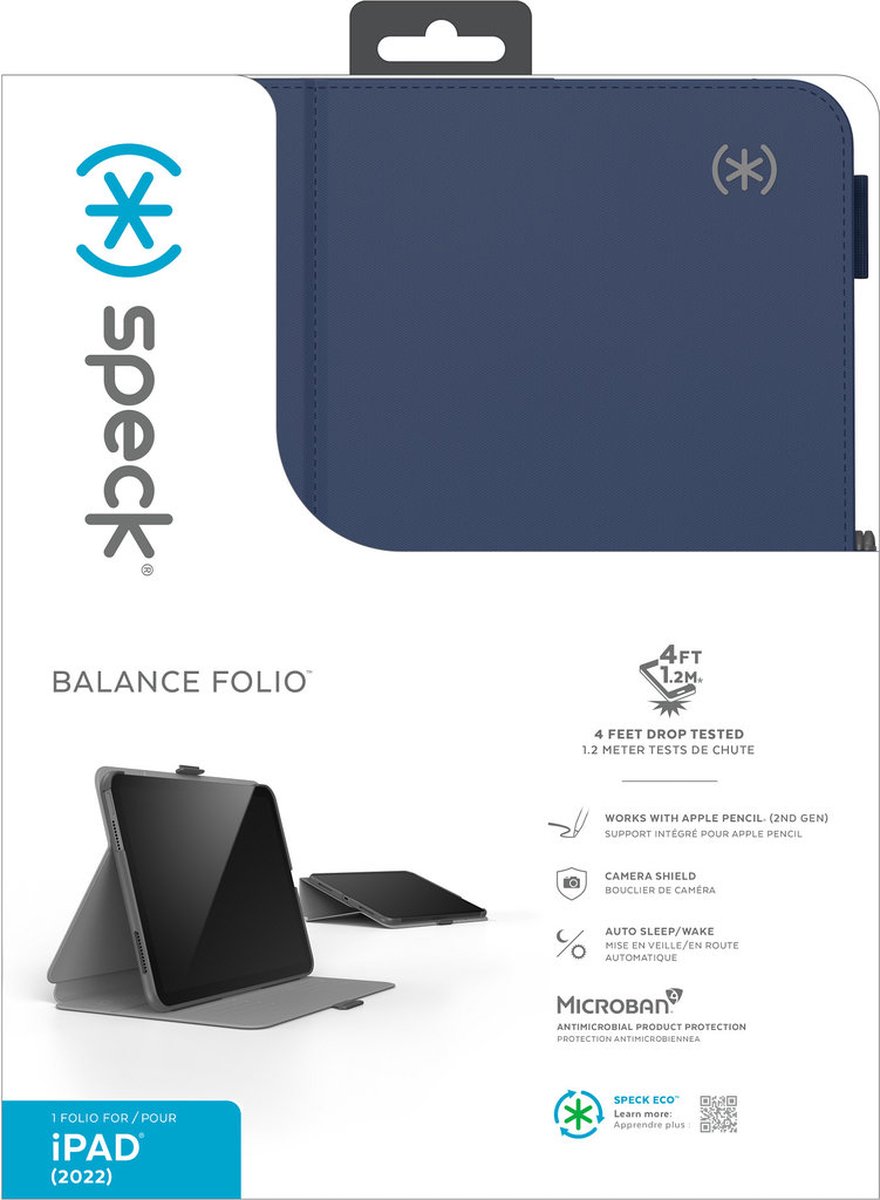 Speck hoesje geschikt voor Apple iPad 10 10.9 (2022) Apple iPad 11 (2025) 11th gen (A16) - Stand functie - Veiligheidskliksysteem - Automatisch aan/uit magneet functie - Gevoerde binnenkant - Microban Antibacterieel - Blauw