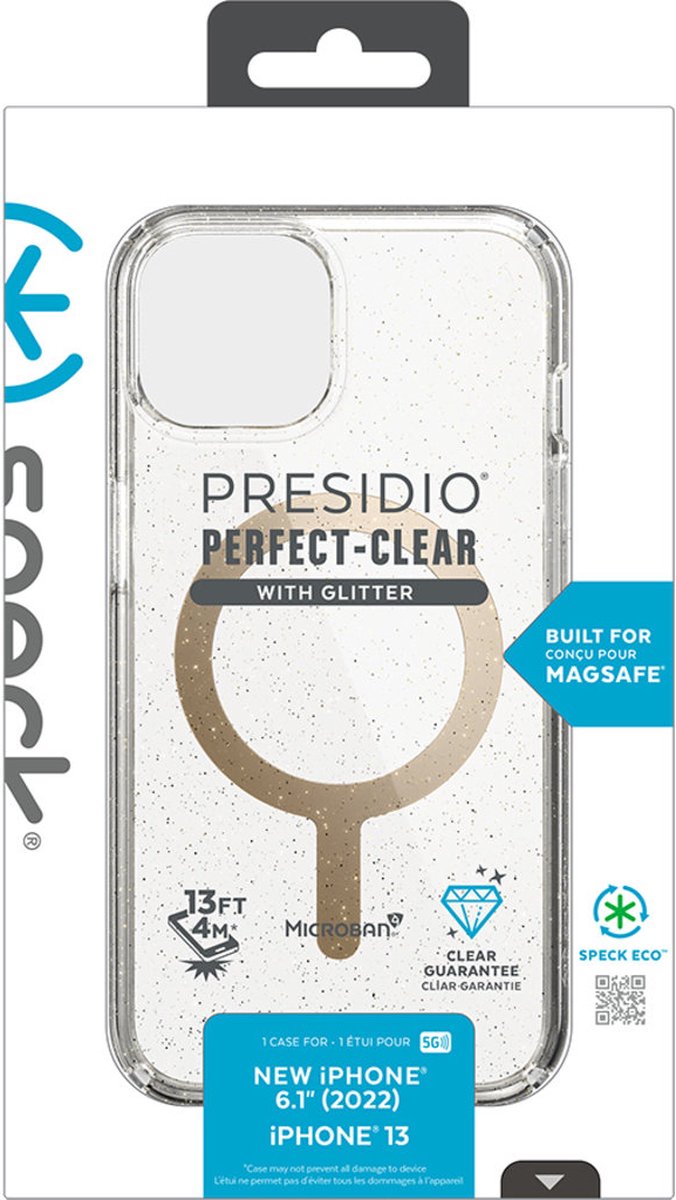 Speck Presidio Perfect Clear Glitter + MS Apple iPhone 14 Clear / Gold Glitter - with Microban